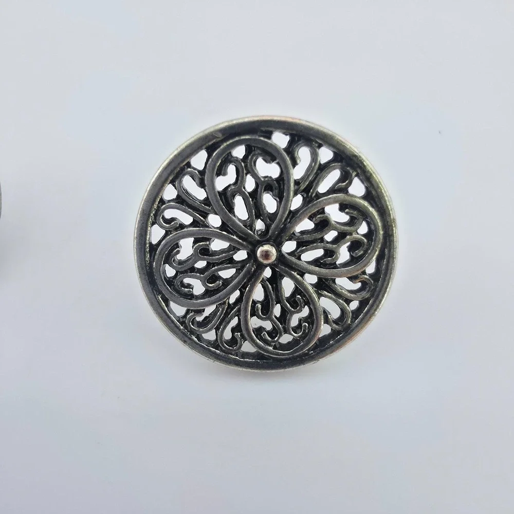 Vintage Ornate Button Earrings Open Scrollwork 4 Petal Flower Silver Plate .75